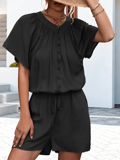 Title 3, Solid Color Pleated Lace-up Button Jumpsuit