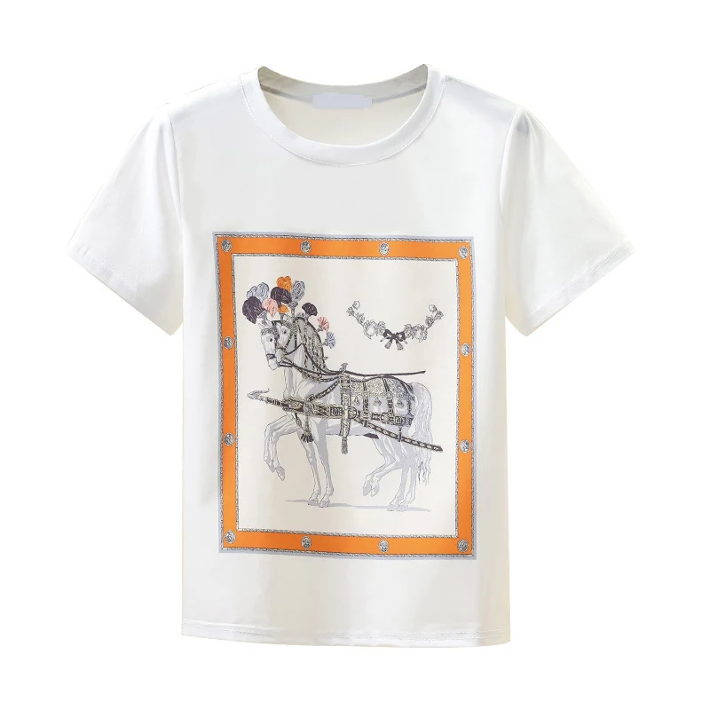 T-shirt met korte mouwen, dames, nieuwe ronde hals, met dunne, losse top met vintage zijden print — foto 1