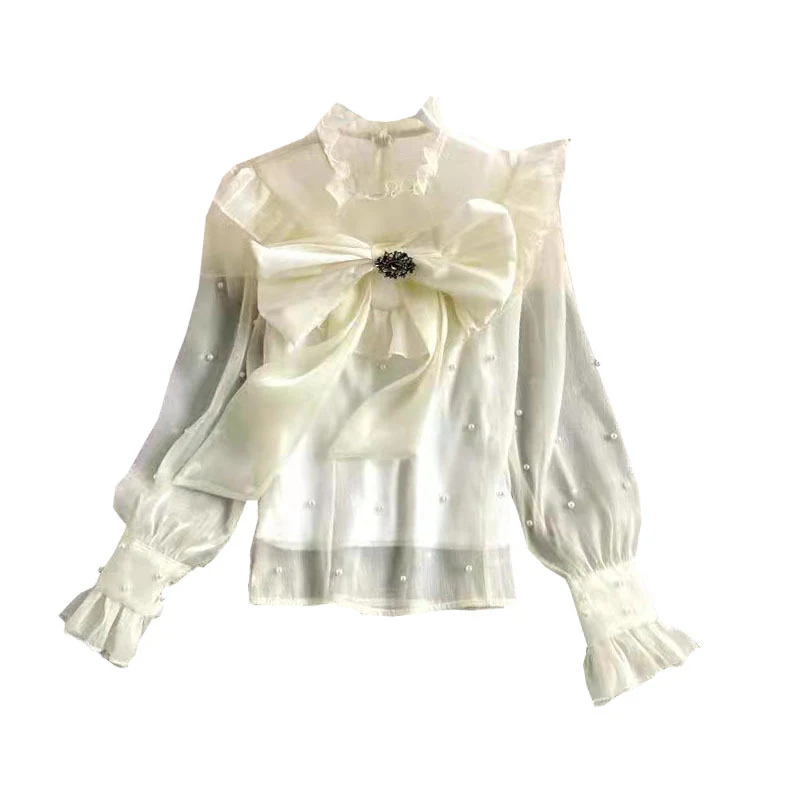 Title 2, Ruffle Bottom Tie Shirt, Stand-up Collar, Long ...