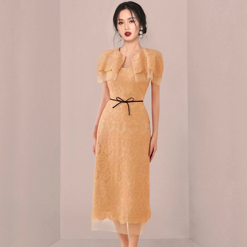 Elegant Slim-fit Cape Collar Bow Women's Dress — photo 1