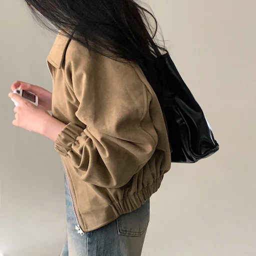 Title 16, Retro Lapel Loose Zip Long Sleeve Short Coat of...