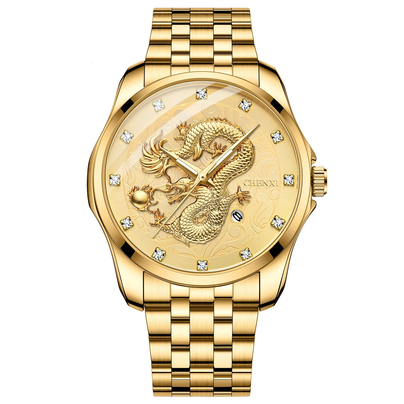 Relógio masculino impermeável estilo chinês Dawn com calendário e relevo Dragon Totem, pulseira de aço, ideal para homens modernos e sofisticados. — foto 2
