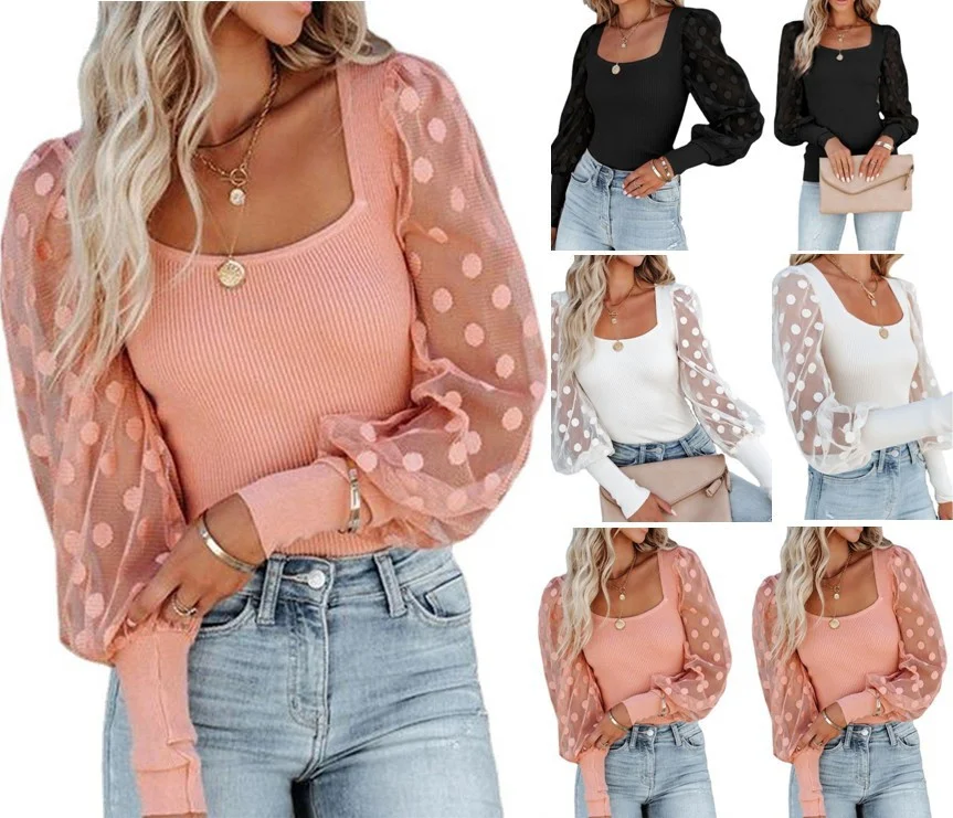 Title 8, Casual Square Neck Mesh Polka Dot Stitching Pit...