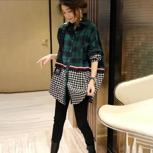 Title 5, Stitching Plaid Shirt Women Fake Two-piece Tops...