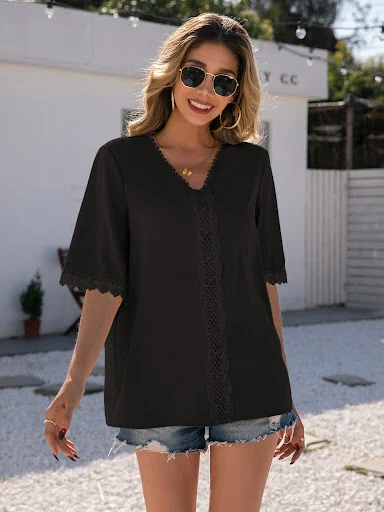 Title 10, Simple Temperament Lace Stitching V Neck Short ...