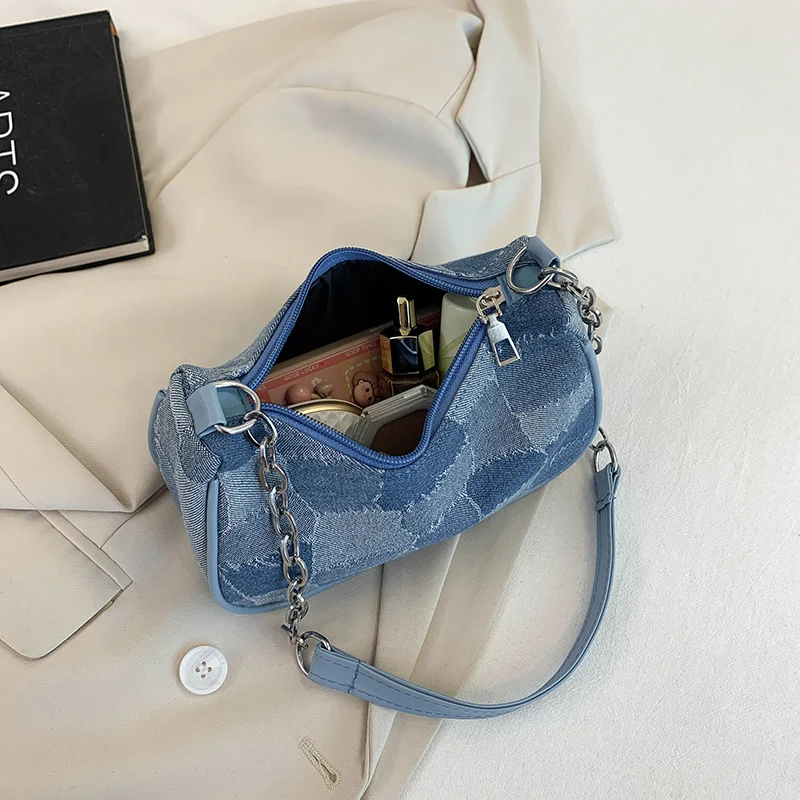 Title 2, Denim Shoulder Bag Simple Plaid Patchwork Under...