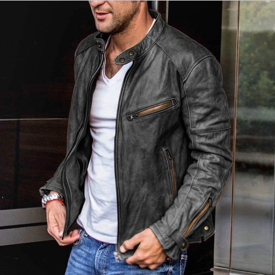 Title 2, Mens stand-up collar motorcycle leather jacket...