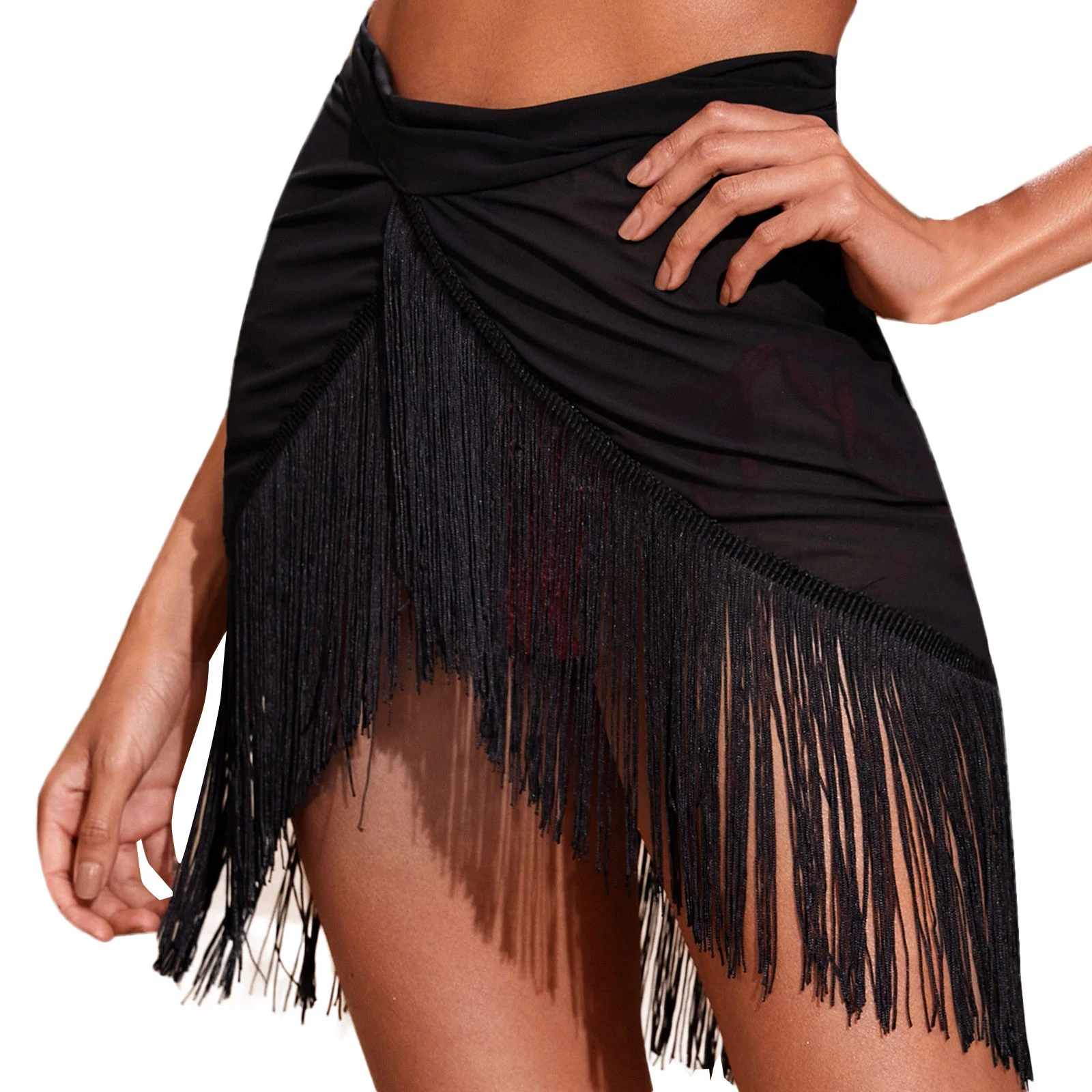Ladies Mesh Swimsuit Cover Up with Fringe and Irregular Skirt, a stylish and lightweight beach and pool cover up for sum — photo 4