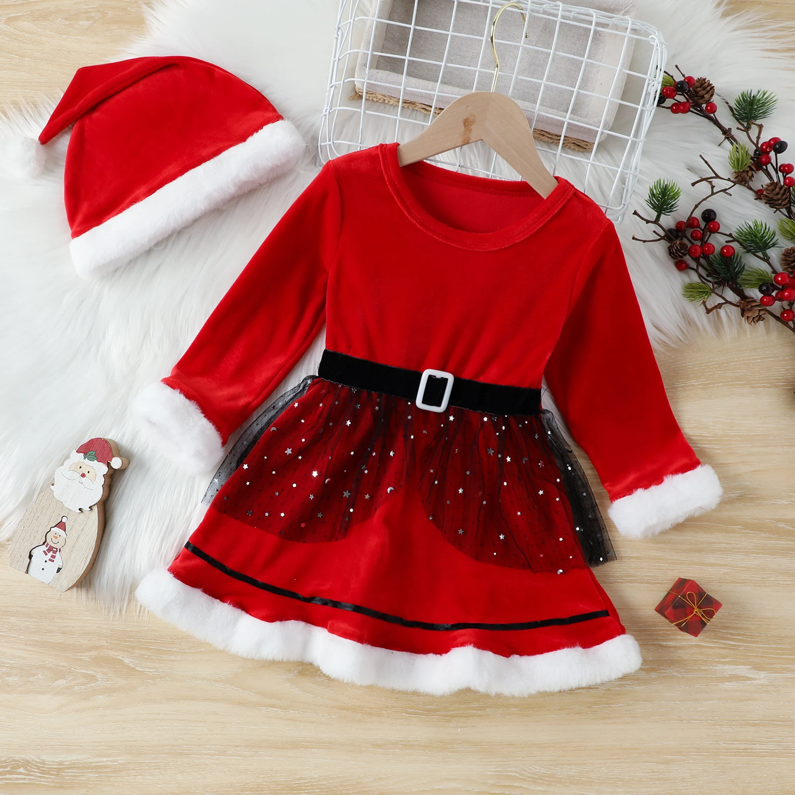Title 2, Vestido coreano de terciopelo navideño de manga...