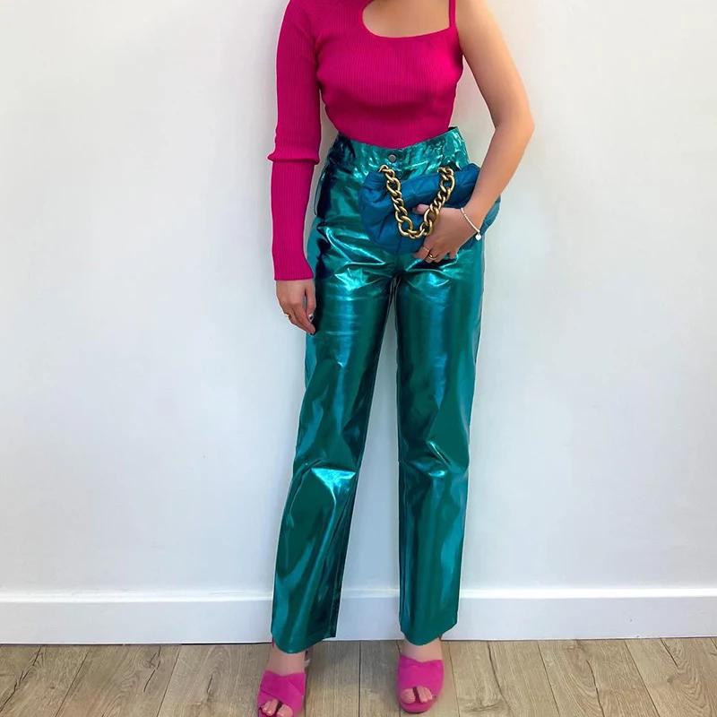 European and American leisure silver PU leather bell-bottom pants for women. Comfortable and stylish for everyday wear a — photo 2