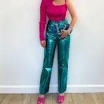 European and American leisure silver PU leather bell-bottom pants for women. Comfortable and stylish for everyday wear a — photo 2