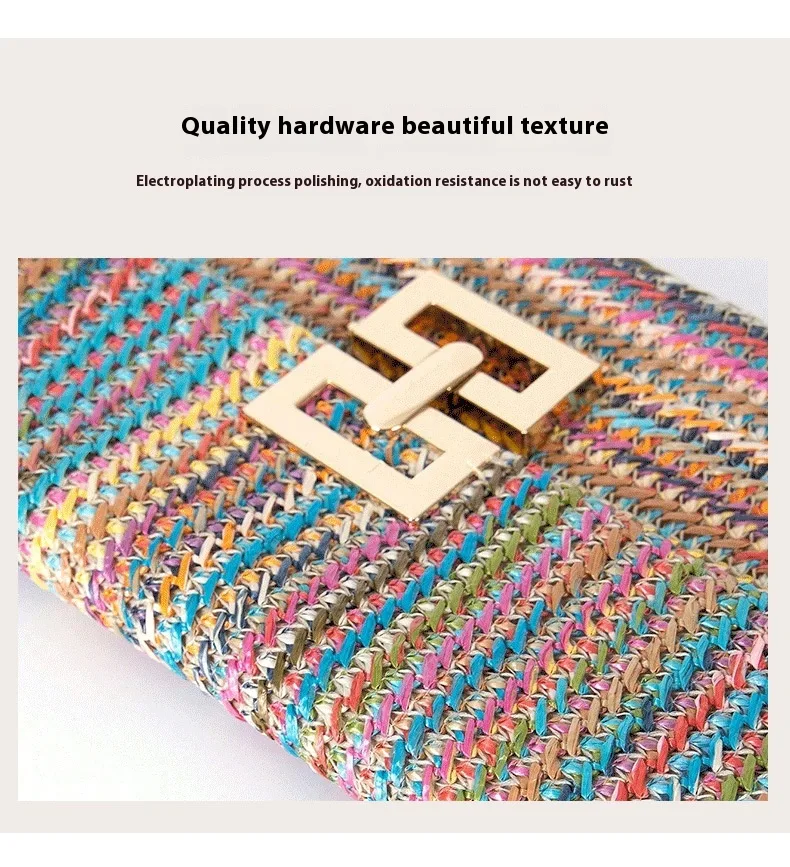 Bolsa feminina de palha estilo férias com vários compartimentos, aba com corrente e fecho de parafuso, ideal para passeios e viagens. — foto 4