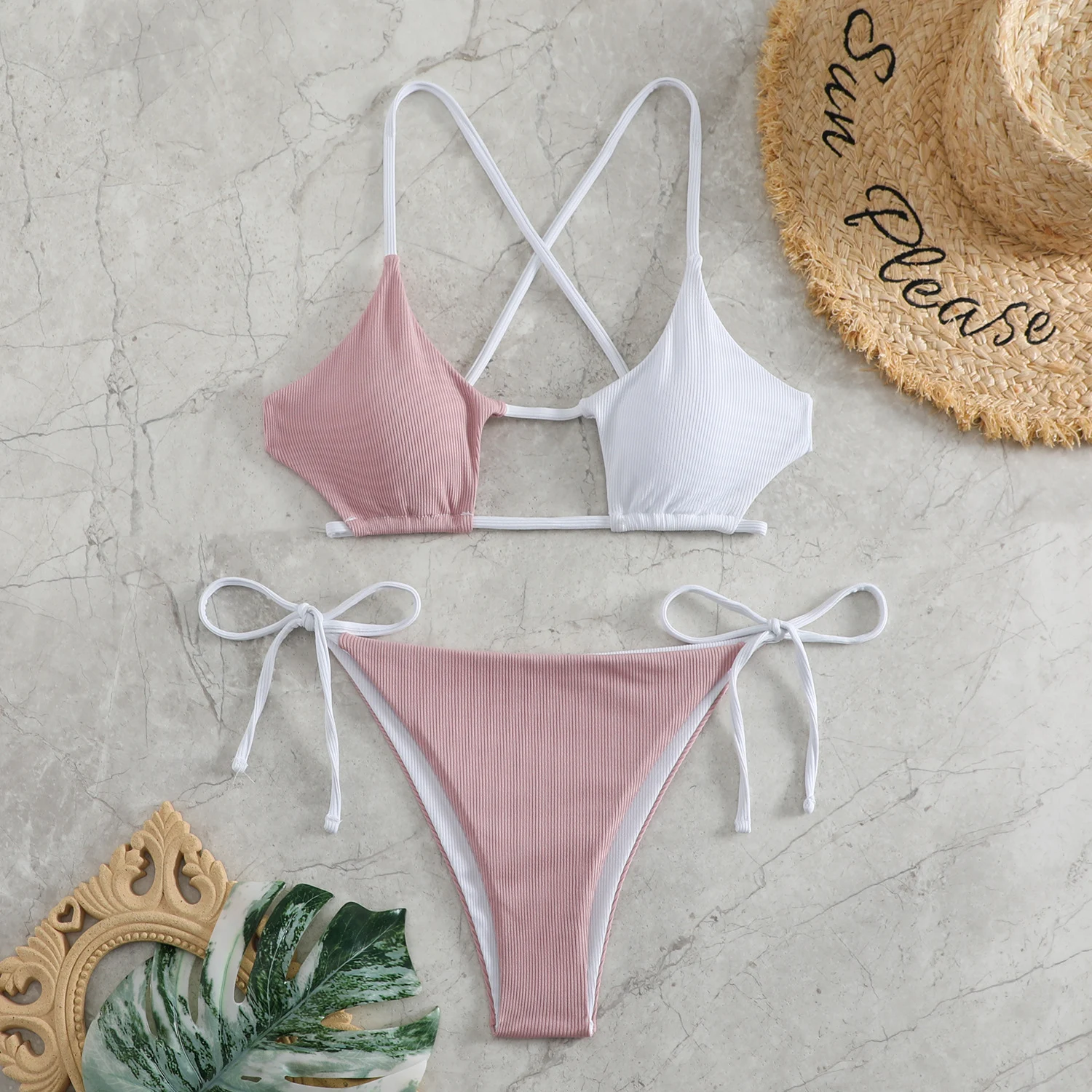 Title 25, Plain Rib Fabric High Waist Color Swimsuit