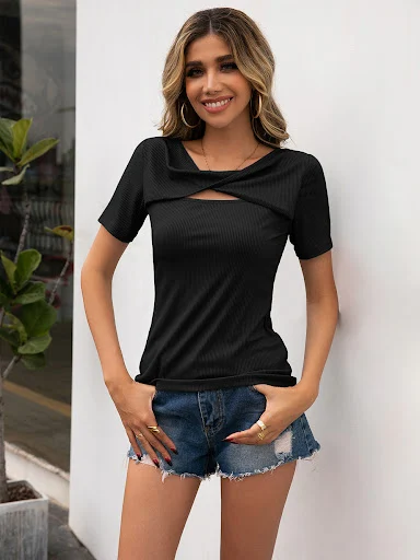 Title 9, Solid Color Cutout Short Sleeve Slim Fit Pullov...