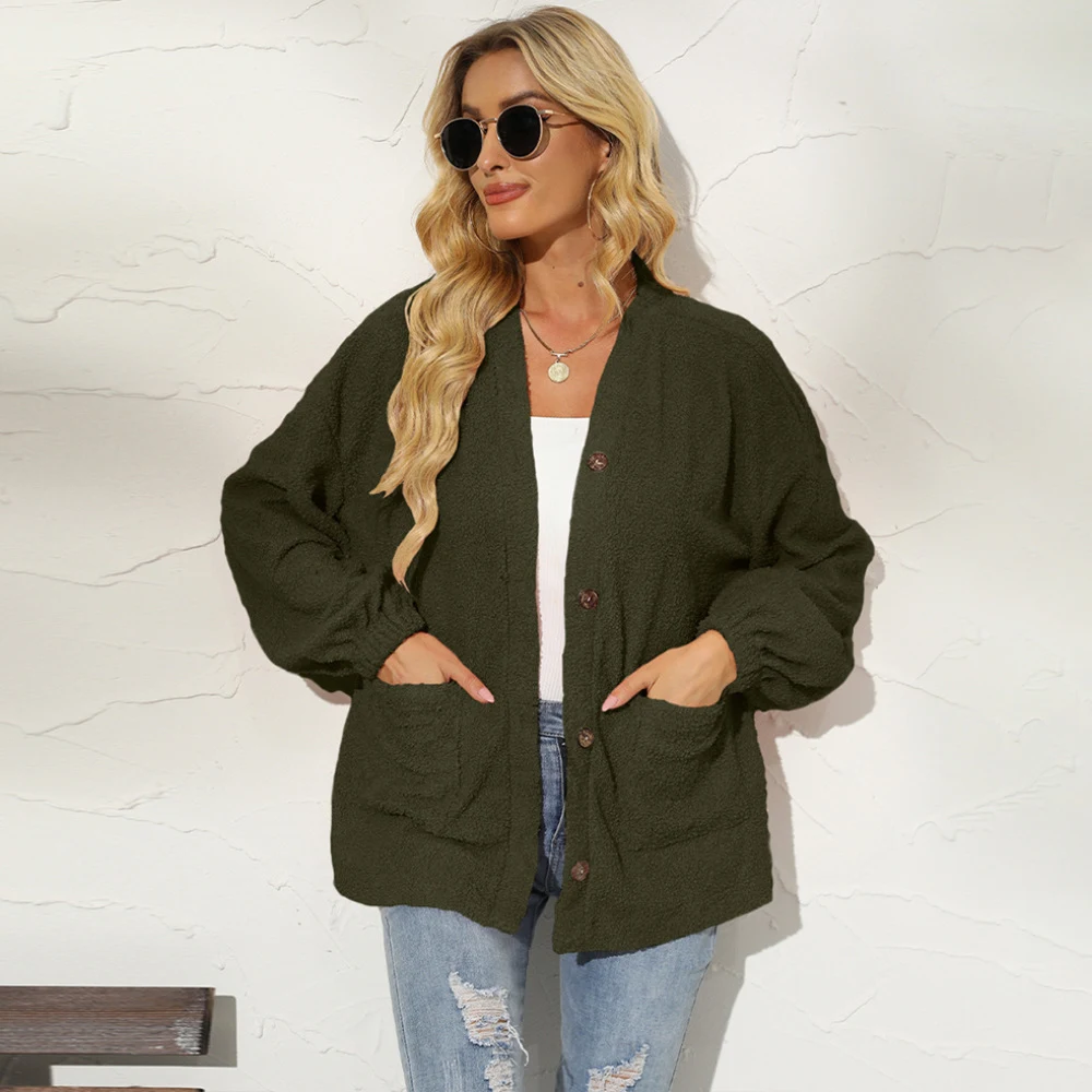 Women's Solid Color Little Teddy Plush Cardigan, a casual jacket for women. Comfortable and warm, perfect for everyday w — photo 2