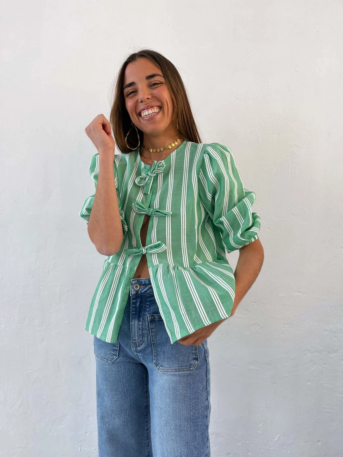 Camicia a pieghe allentata Top Tether da donna a righe — foto 21