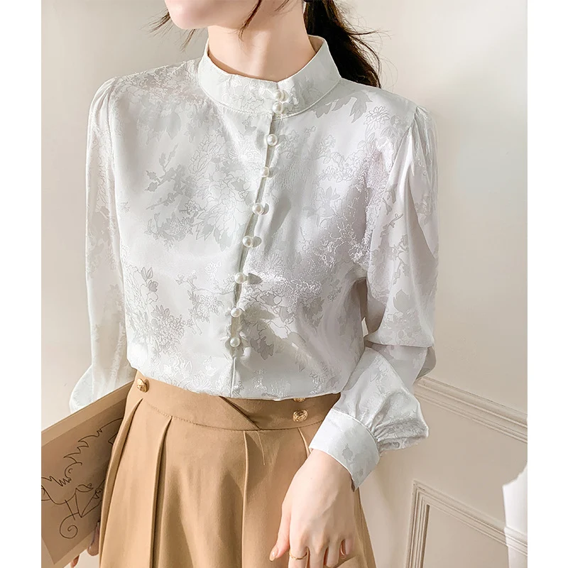 Stand Collar Long Sleeve Shirt Women's Design Beaded Western Style Inner Bottoming Top — photo 2