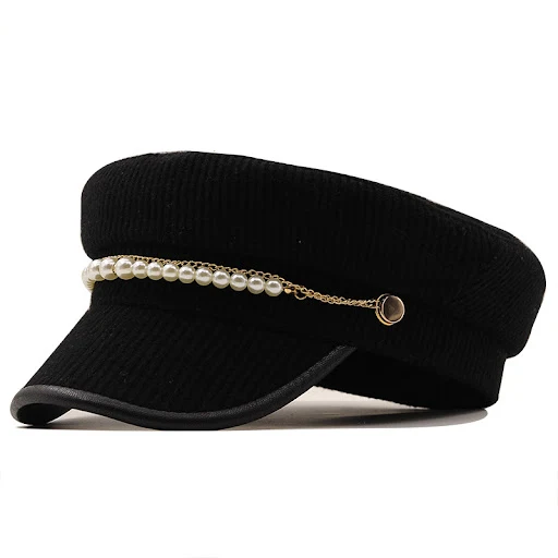 Title 1, Solid Color Pearl Chain Korean Style Peaked Ber...
