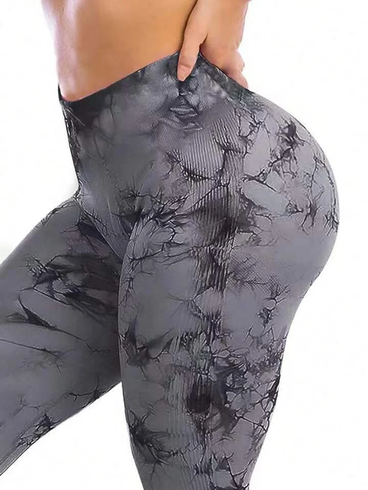 Calças de yoga sem costura tie dye pêssego, cintura alta, para treino feminino, confortáveis e perfeitas para seus exercícios. — foto 2