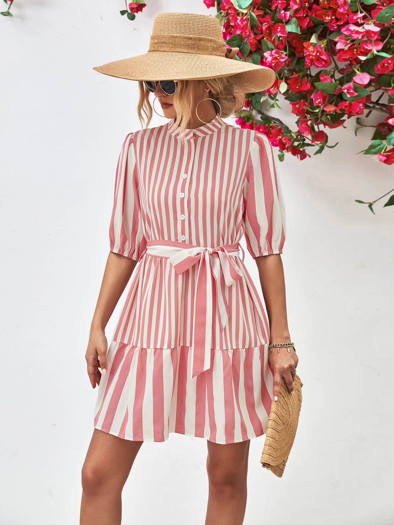Title 20, Womens Bubble Sleeve Stand Collar Dress, a sty...