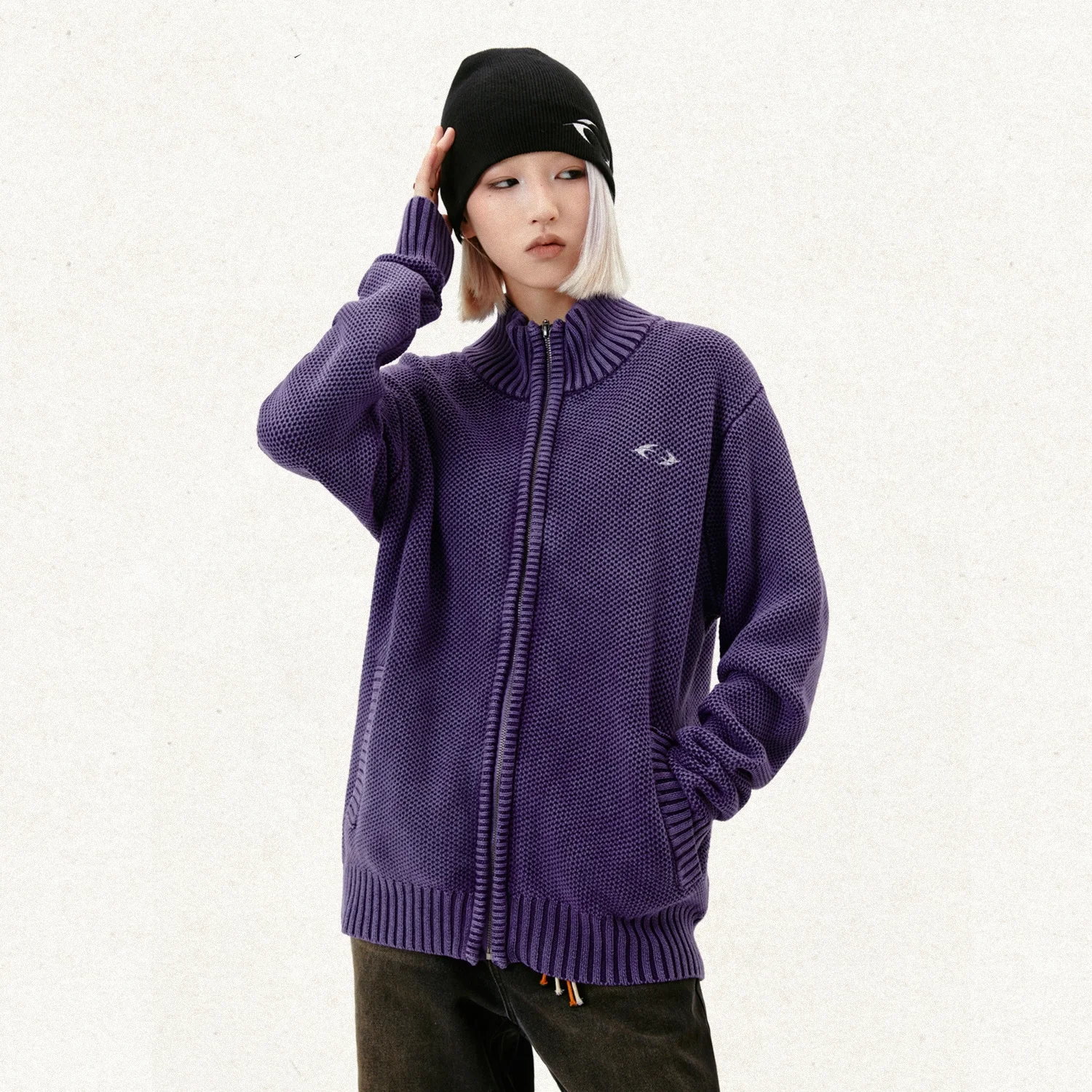 Wind Washed Old Printed Letters Cardigan Zipper Turtleneck Knitting, a warm and stylish knit perfect for cool weather, o — photo 10
