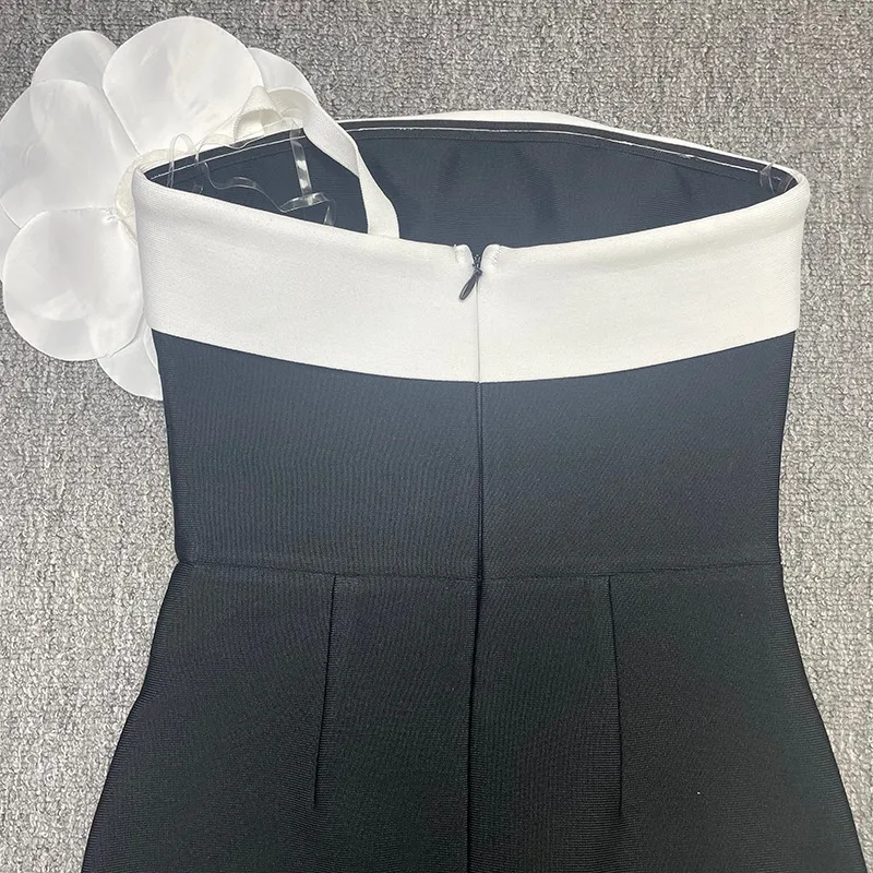 Title 6, Tube Top Black and White Stitching Large Flower...