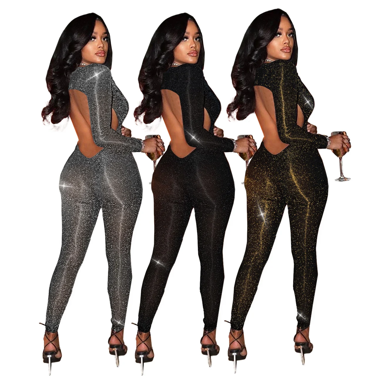 Sexy jumpsuit met diepe V-hals, gemaakt van glanzende zijde, slank en hollow out, perfect voor de nachtclub, straalt glamour uit. — foto 15