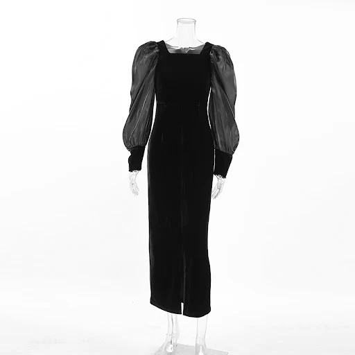 Title 8, Square Collar Puff Sleeve Knitted Velvet Straig...
