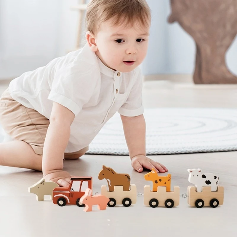 Title 8, Childrens Wooden Farm Animal Train Baby Enligh...