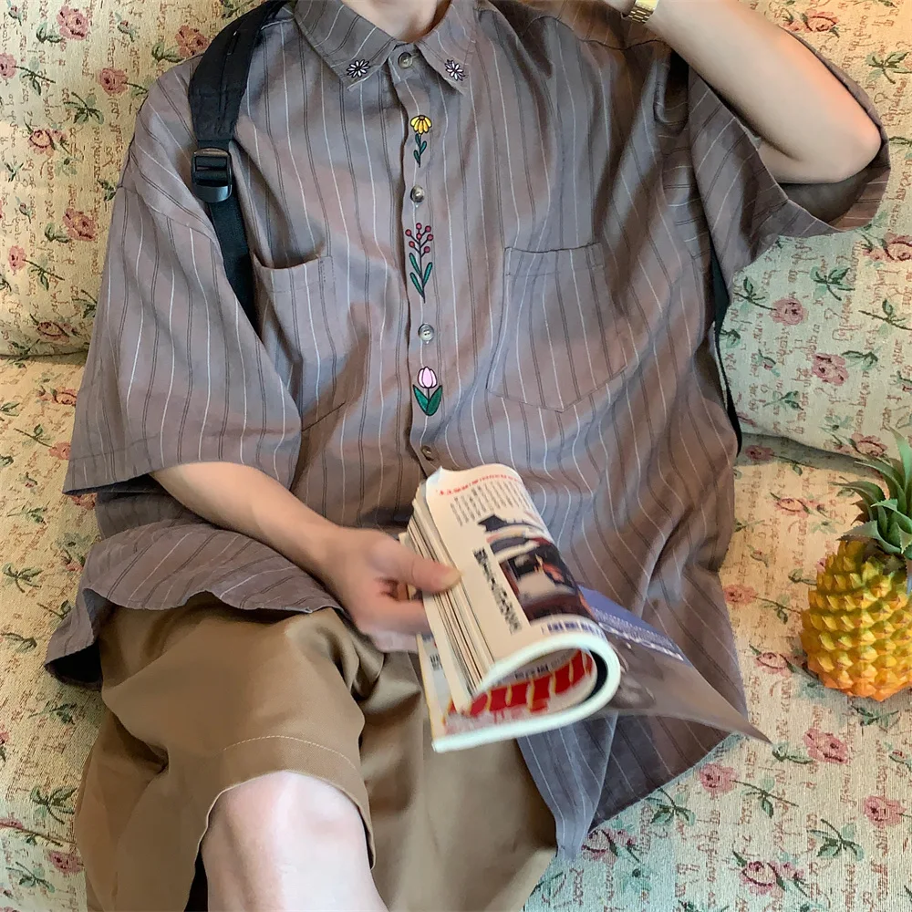 Vintage Embroidered Vertical Striped Short Sleeve Shirt — photo 10