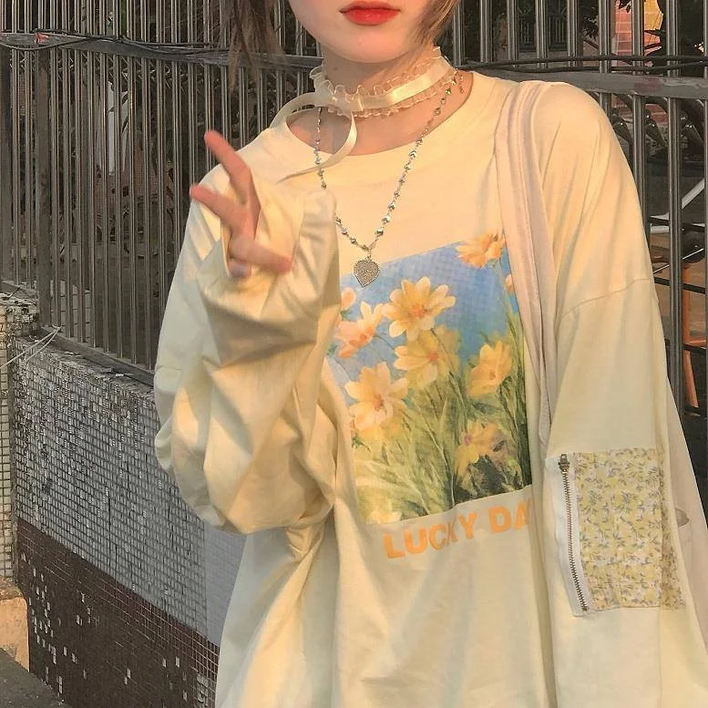 Outono estilo japonês de pintura a óleo flor doce estampada blusa de manga comprida — foto 10