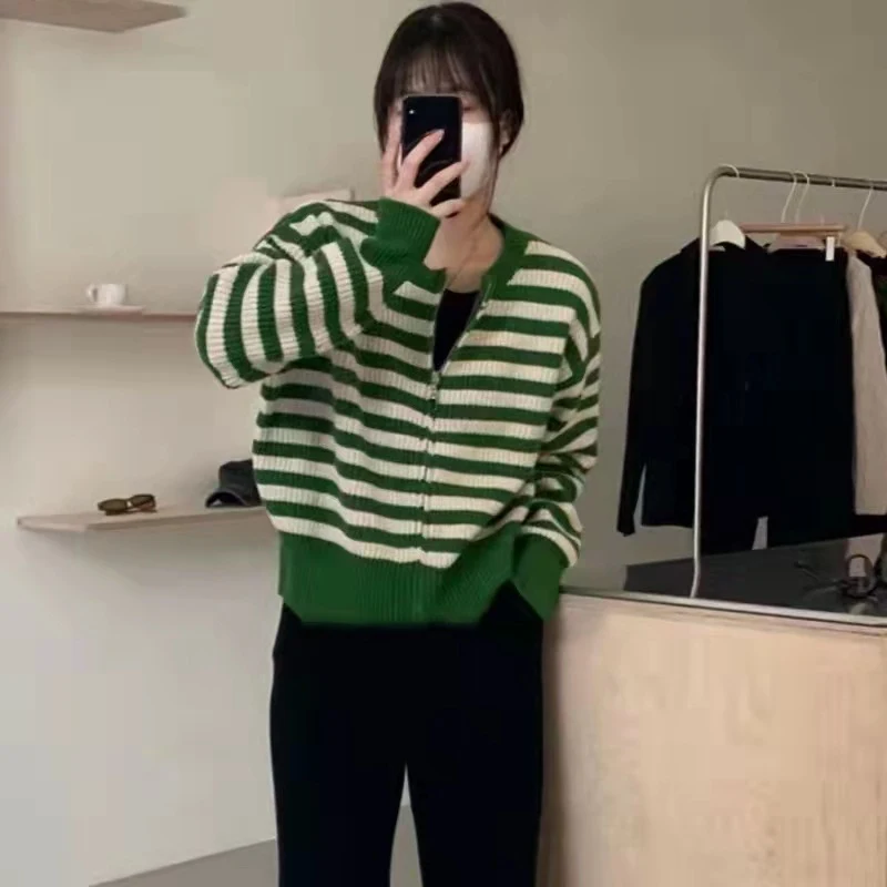 Title 6, Mixed Color Stripe Zipper Knitted Cardigan for ...