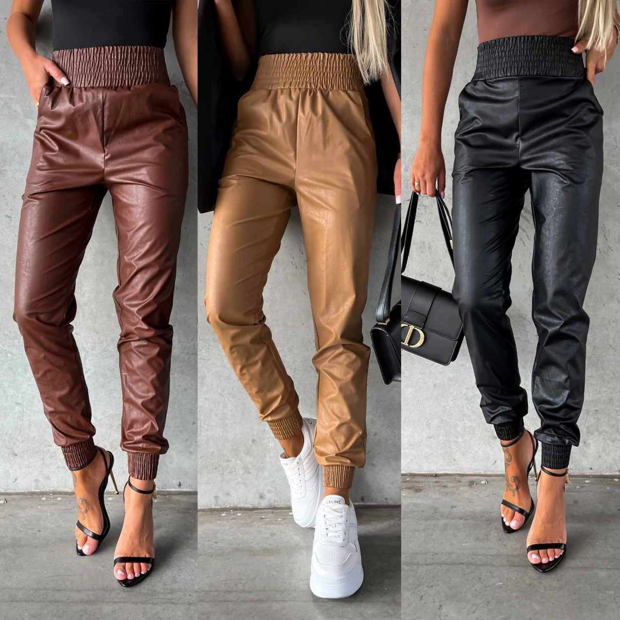 Pantaloni in pelle stile motor, moda street, import, con taglio vita slim, casual, perfetti per un look alla moda e versatile. — foto 8