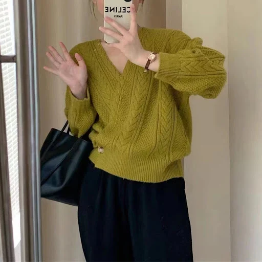 Title 2, Korean Style V-neck Diagonal Button Twist Knitt...