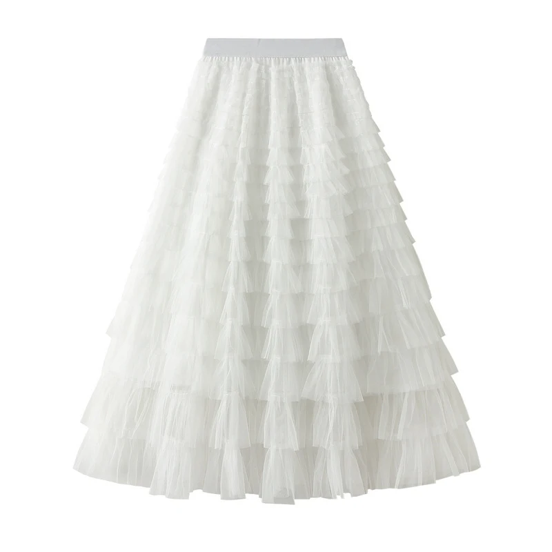 Saia longa feminina com babados de malha em corte A, doce e elegante. Vestido cupcake slim para mulheres, roupa feminina, estilo moderno e charmoso. — foto 14