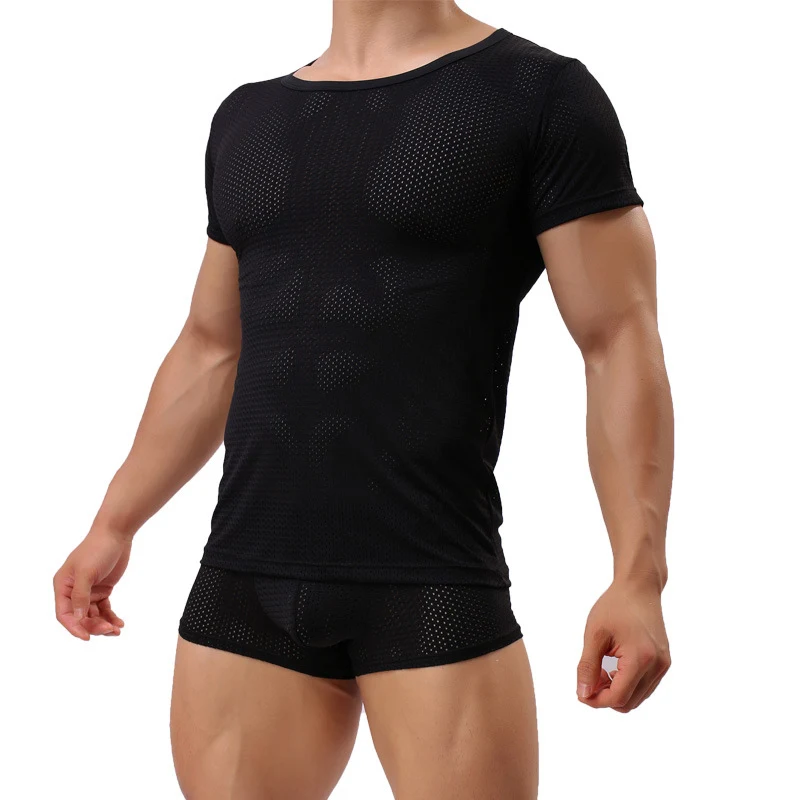 Men's Mesh Short Sleeve Breathable Sexy Tight Summer T-shirt with small holes, perfect for staying cool and comfortable — photo 4