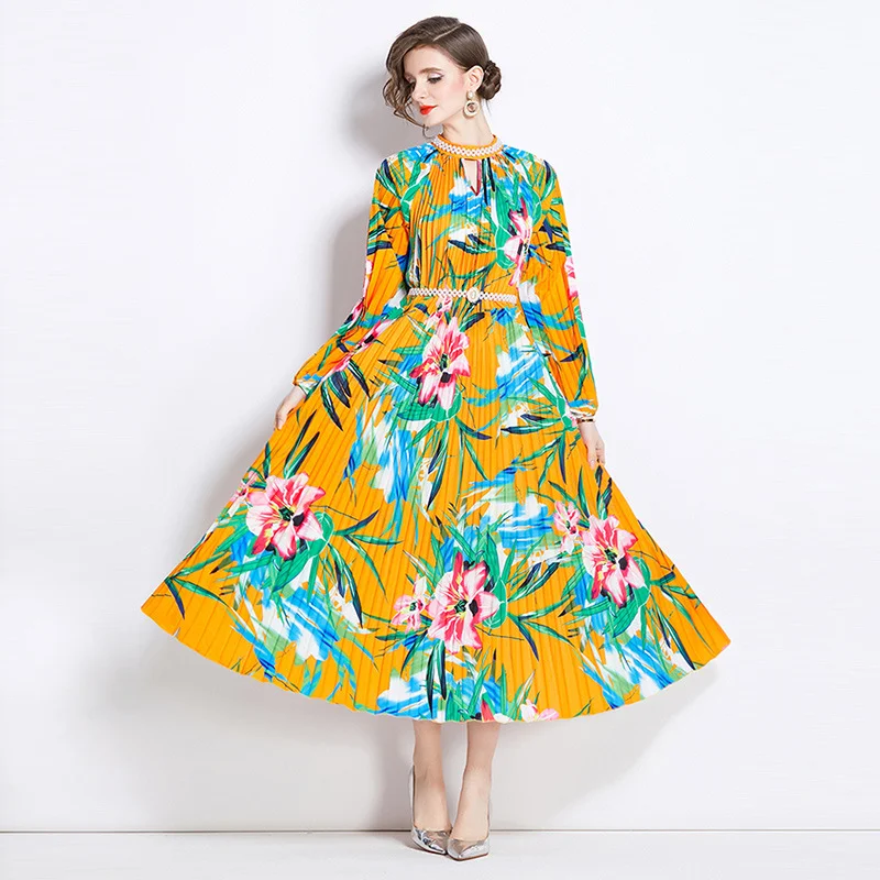 Beaded Positioning Printed Pleated Pearl Buckle Pleated Dress — photo 3