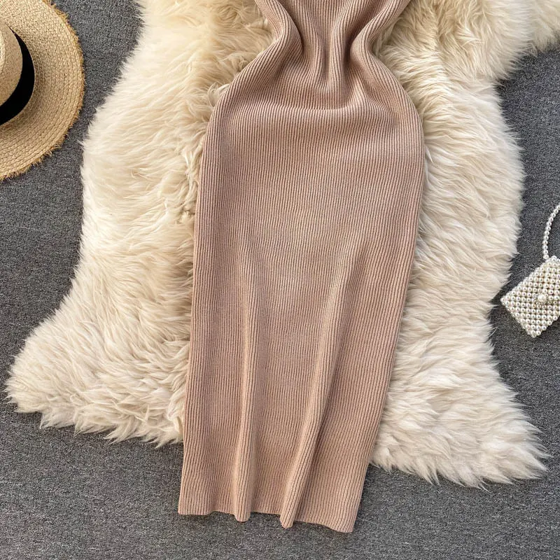 Title 15, Low Collar Elastic Waist Hip Knitted Dress offe...