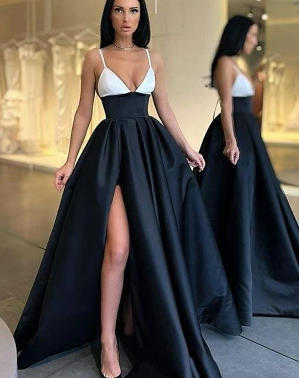 Vestido feminino slim fit com suspensórios, decote em V profundo e fenda, um elegante vestido de noite para ocasiões especiais. — foto 15