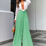 Damenmode Plissierte, Weite Hose aus Polyester, Lang, Europäisch-Amerikanischer Stil, Temperamentvoll, Elegante Weite Beine für Damen — foto 12