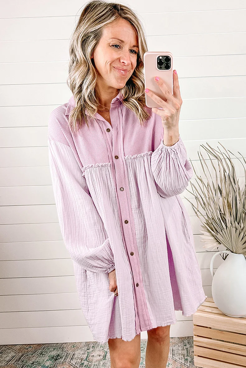 Title 10, Thin Patchwork Pleated Long Sleeve Dress
