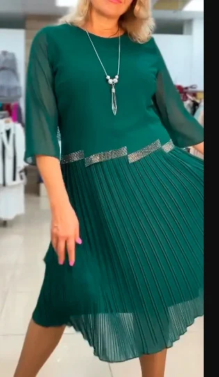 Title 3, Solid Color Round Neck Elegant Slimming Pleated...