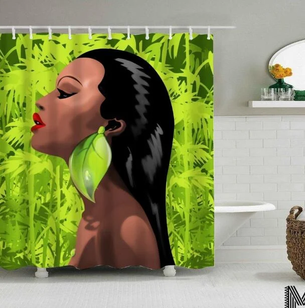 Banyo Duş Perdesi Sanat Tasarım Grafiti Hip Hop Afrikalı Kız Siyah Saç Büyük Küpe Modern Bina. — Fotoğraf 13