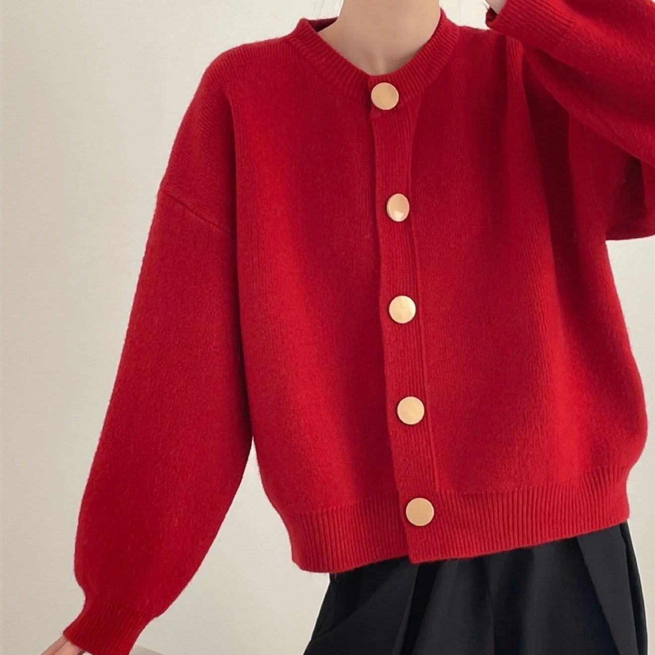 Title 1, Womens Round Neck Solid Color Loose Knitted Ca...