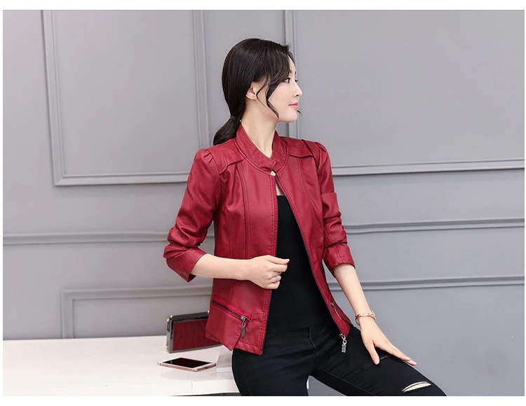 New Korean Style Motorcycle Leather Coat for Spring & Autumn, Stand-up Collar, Slim Fit, Slimming — photo 8