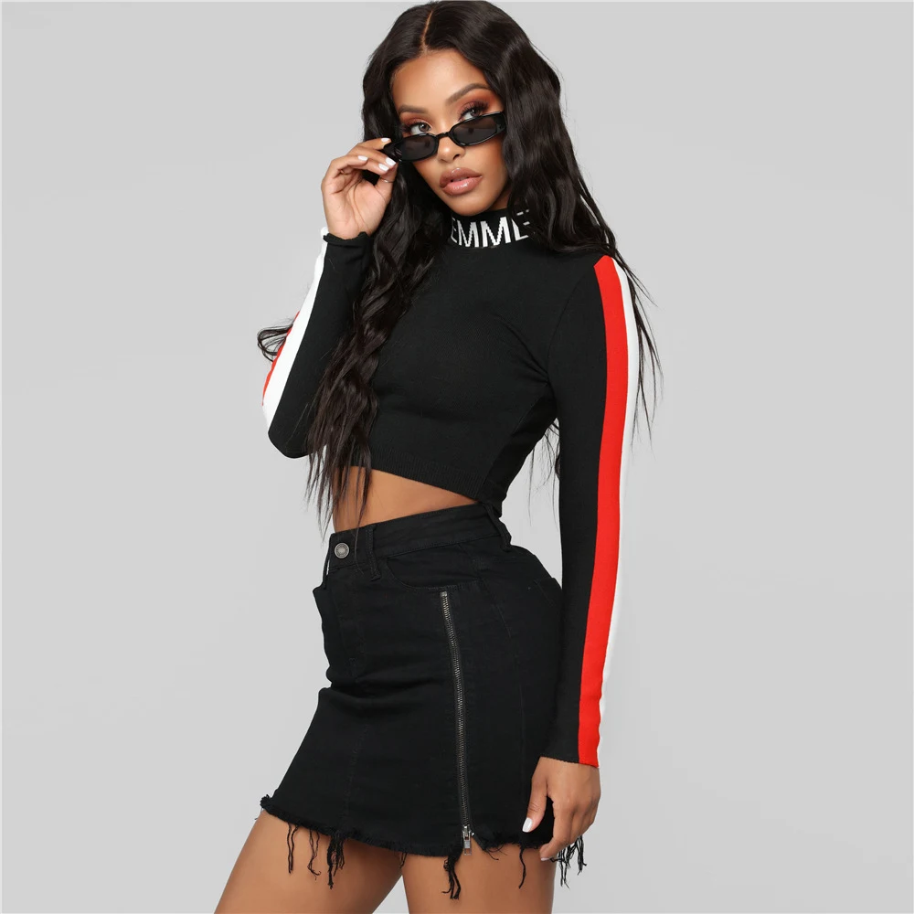 Title 5, Turtleneck long sleeve top with exposed navel, ...