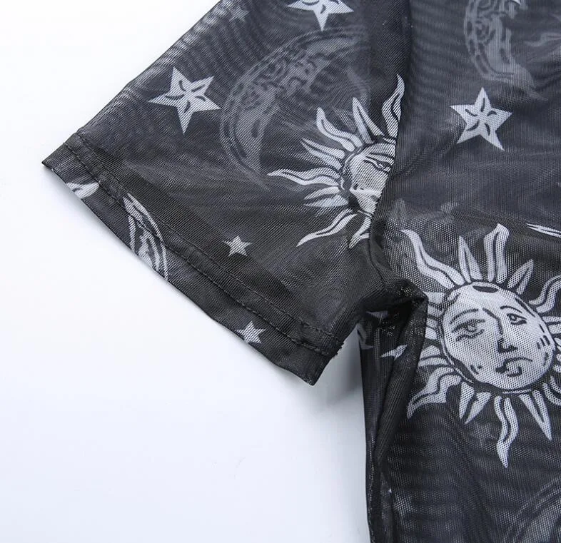 Top corto da donna con zip, stelle, luna e rete. Maniche corte, stile europeo e americano. Perfetto per l'estate, mette in risalto l'ombelico. — foto 2
