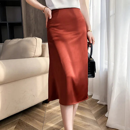 Title 1, Womens A-line Long Satin Skirt Mid-length Simp...