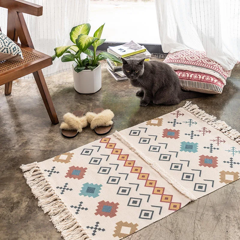 Handmade cotton and linen three-dimensional tufted mat with tassels, Nordic style carpet, ethnic foot mat for comfort an — photo 4