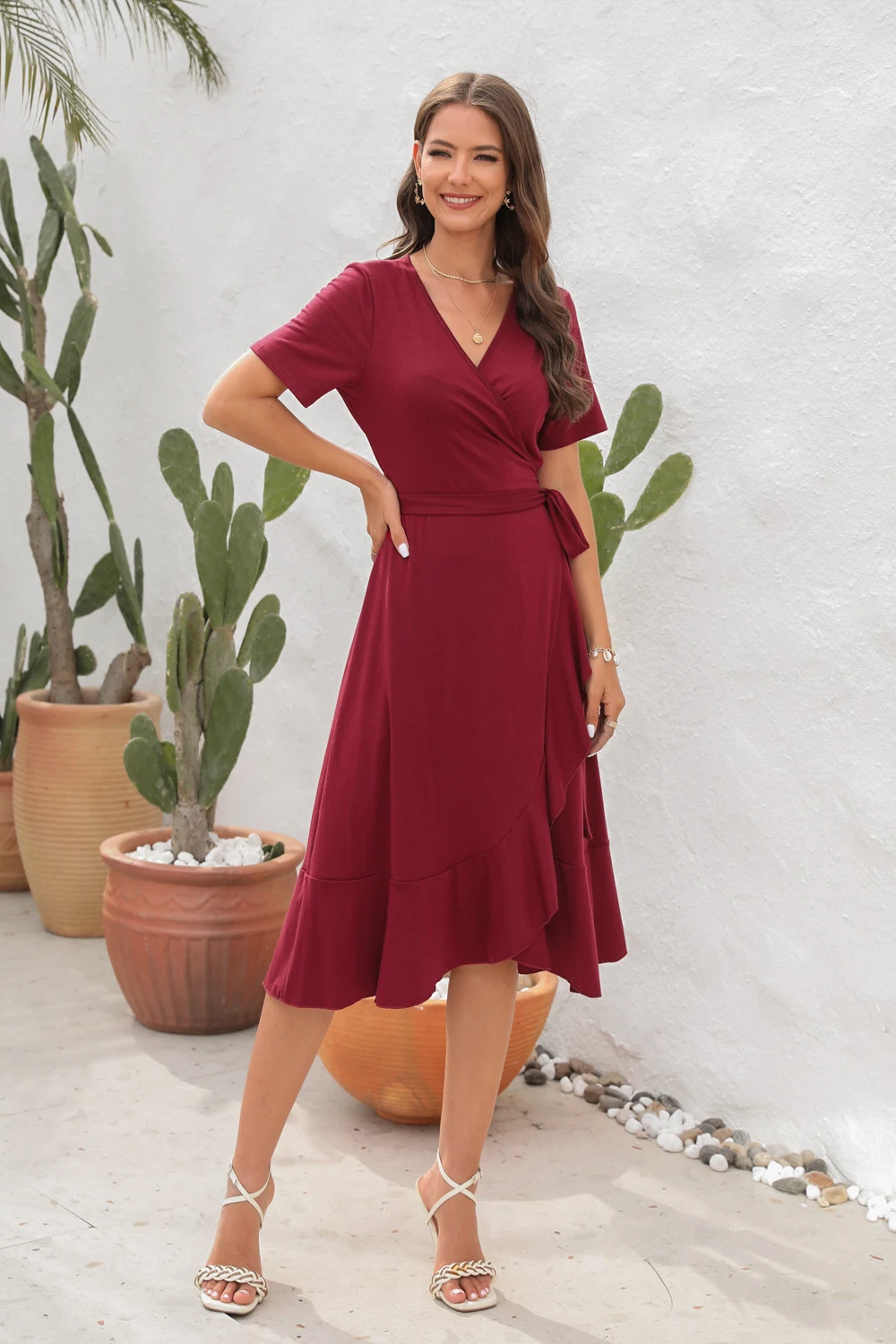 Title 18, Solid color long short sleeve V-neck high waist...